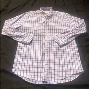 Peter Millar Button Down Shirt Mens Medium Blue Pink Plaid Stretch Performance